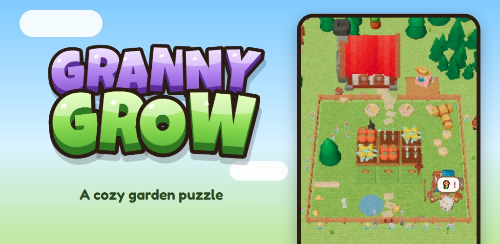 Granny Grow logo beside a phone showing the garden