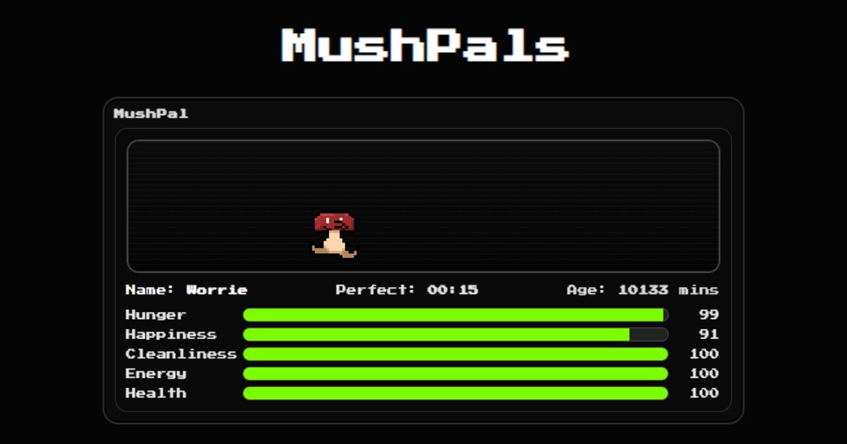 MushPals pet screen: a little mushroom with its hunger, happiness and health bars