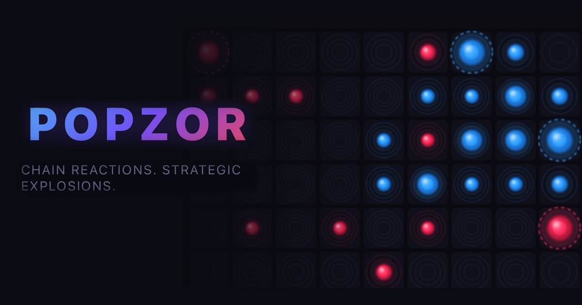 Popzor logo beside a board of red and blue bubbles